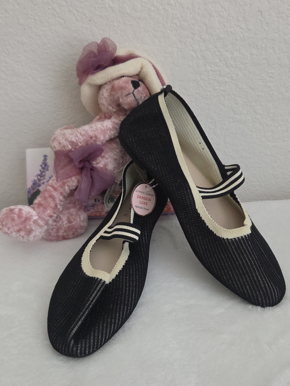 Danskin Black Knit Mary Jane Flats with Cream Trim and Striped Strap